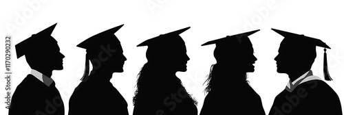 silhouettes of people wearing graduation caps and gowns. The silhouettes are of a man and a woman, isolated on white background.PNG photo