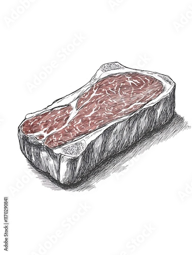 Hand-Drawn Illustration of a Raw Steak,  Detailed Line Art of Beef Cut