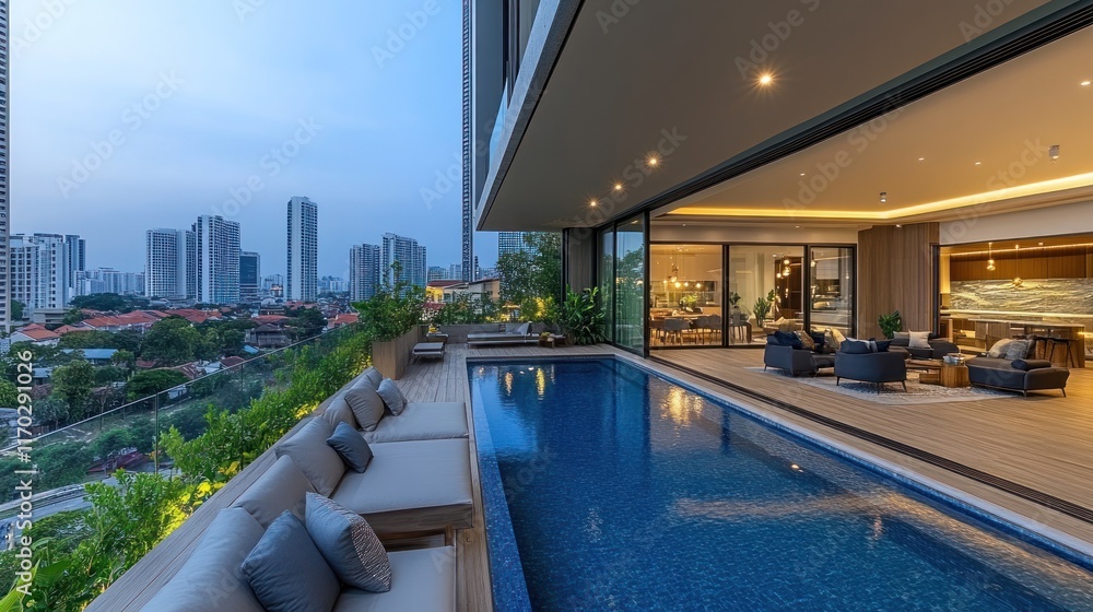 Obraz premium Luxury penthouse apartment with infinity pool overlooking city skyline at dusk.