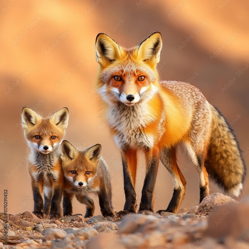 Obraz premium A fox showing her kits how to navigate a rocky hillside.