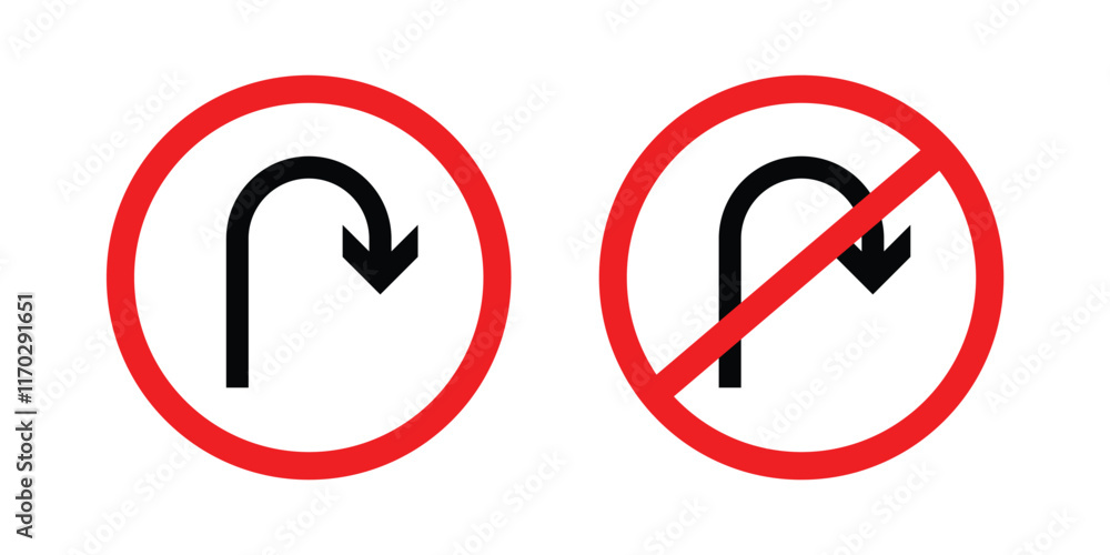 U turn right prohibited road sign, no right u turn allowed, move direction forbidden, red crossed circle vector pictogram in eps 10. U turn right prohibited road sign, no right u turn allowed, move direction forbidden, red crossed circle vector pictogram in eps 10.