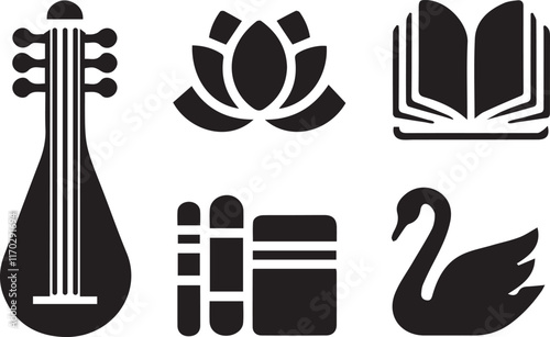 Minimalist Black Saraswati Puja Icon Set Featuring Veena, Lotus, and Swan