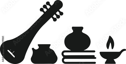 Silhouette illustration of traditional Indian musical instrument and cultural objects