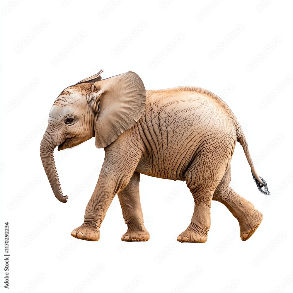 Fototapeta premium A playful young elephant walks gracefully, showcasing its distinctive features and charming demeanor against a plain background.