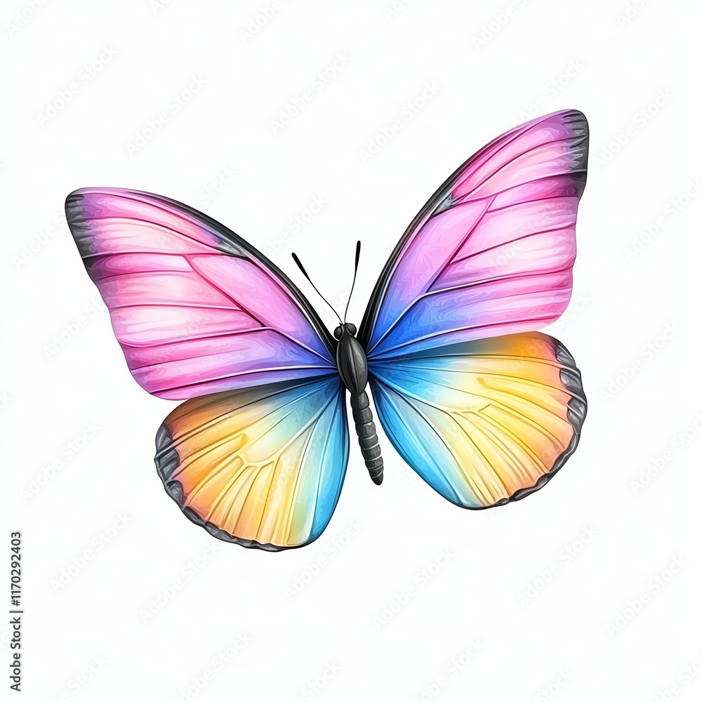 Obraz premium A vibrant, multi-colored butterfly with pink, blue, and orange wings displayed against a white background.