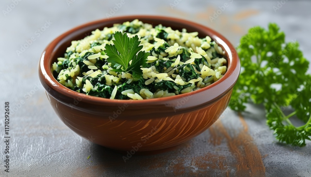 Delicious Spanakorizo with Spinach and Rice in a Rustic Bowl with Fresh Herbs Delicious Spanakorizo with Spinach and Rice in a Rustic Bowl with Fresh Herbs