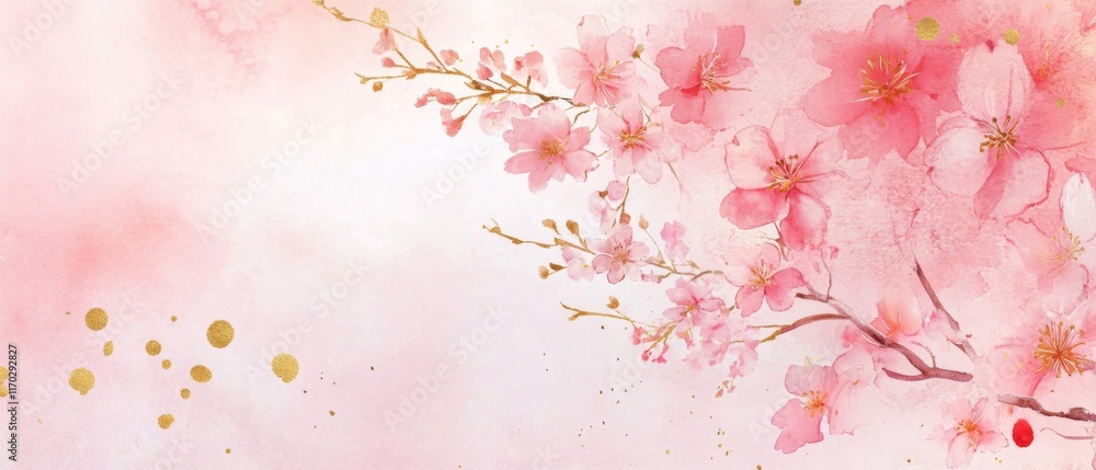 Elegant Watercolor Cherry Blossom Illustration with Delicate Pink Flowers and Gold Accents on Soft Background Elegant Watercolor Cherry Blossom Illustration with Delicate Pink Flowers and Gold Accents on Soft Background