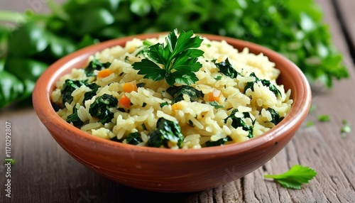 Fresh Spinach Rice Dish Garnished with Parsley in a Rustic Bowl