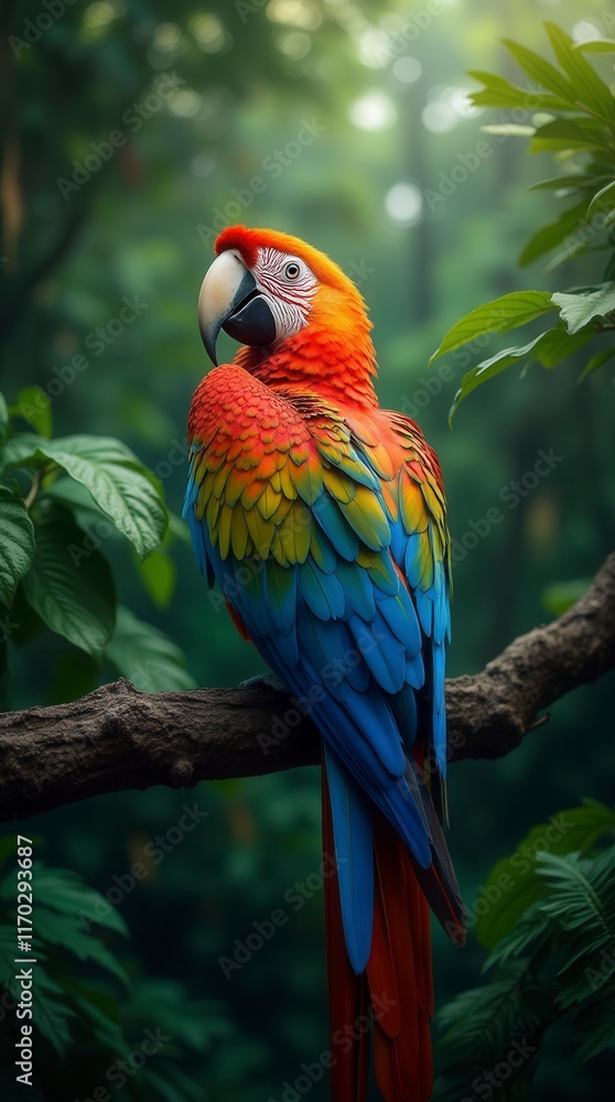 In The Lush Depths Of The Tropical Jungle, A Majestic Macaw Perches Proudly Amidst A Canopy Of Vibrant Foliage In The Lush Depths Of The Tropical Jungle, A Majestic Macaw Perches Proudly Amidst A Canopy Of Vibrant Foliage