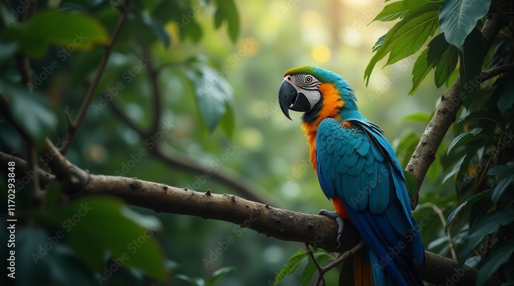 In The Lush Depths Of The Tropical Jungle, A Majestic Macaw Perches Proudly Amidst A Canopy Of Vibrant Foliage In The Lush Depths Of The Tropical Jungle, A Majestic Macaw Perches Proudly Amidst A Canopy Of Vibrant Foliage