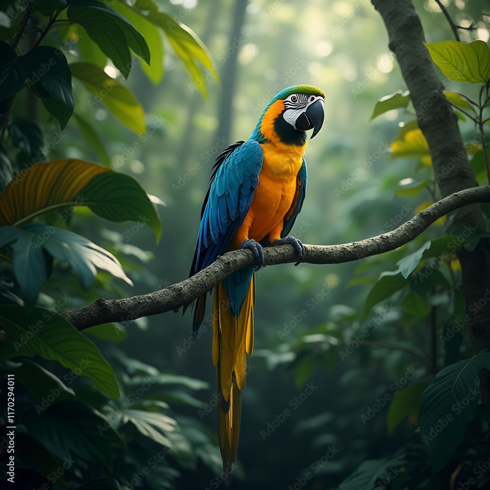 In The Lush Depths Of The Tropical Jungle, A Majestic Macaw Perches Proudly Amidst A Canopy Of Vibrant Foliage In The Lush Depths Of The Tropical Jungle, A Majestic Macaw Perches Proudly Amidst A Canopy Of Vibrant Foliage