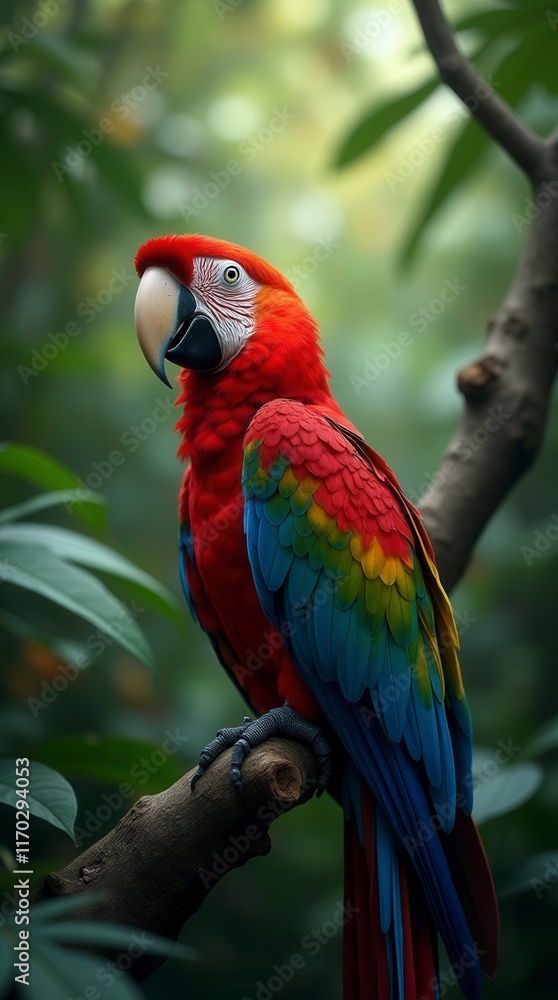 Obraz premium In The Lush Depths Of The Tropical Jungle, A Majestic Macaw Perches Proudly Amidst A Canopy Of Vibrant Foliage