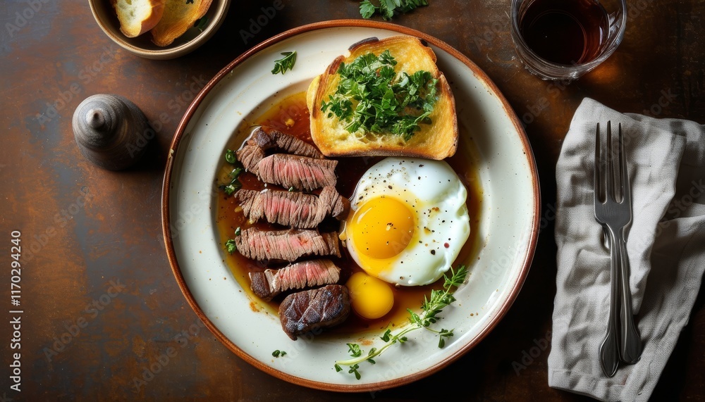Delicious Steak and Eggs Presentation on a Wooden Table with Fresh Ingredients and Condiments Delicious Steak and Eggs Presentation on a Wooden Table with Fresh Ingredients and Condiments
