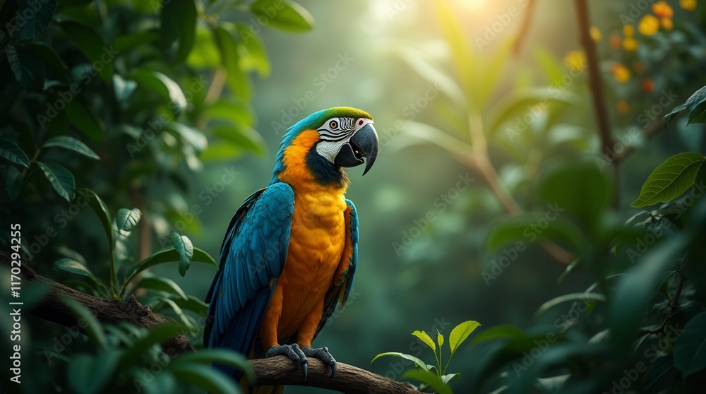In The Lush Depths Of The Tropical Jungle, A Majestic Macaw Perches Proudly Amidst A Canopy Of Vibrant Foliage In The Lush Depths Of The Tropical Jungle, A Majestic Macaw Perches Proudly Amidst A Canopy Of Vibrant Foliage