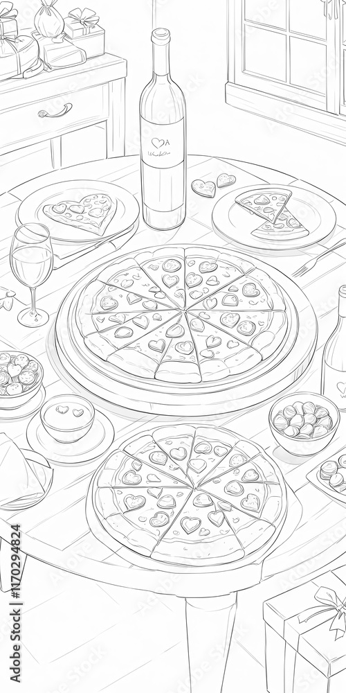 Obraz premium A romantic dinner setting with heart-shaped pizzas and drinks.