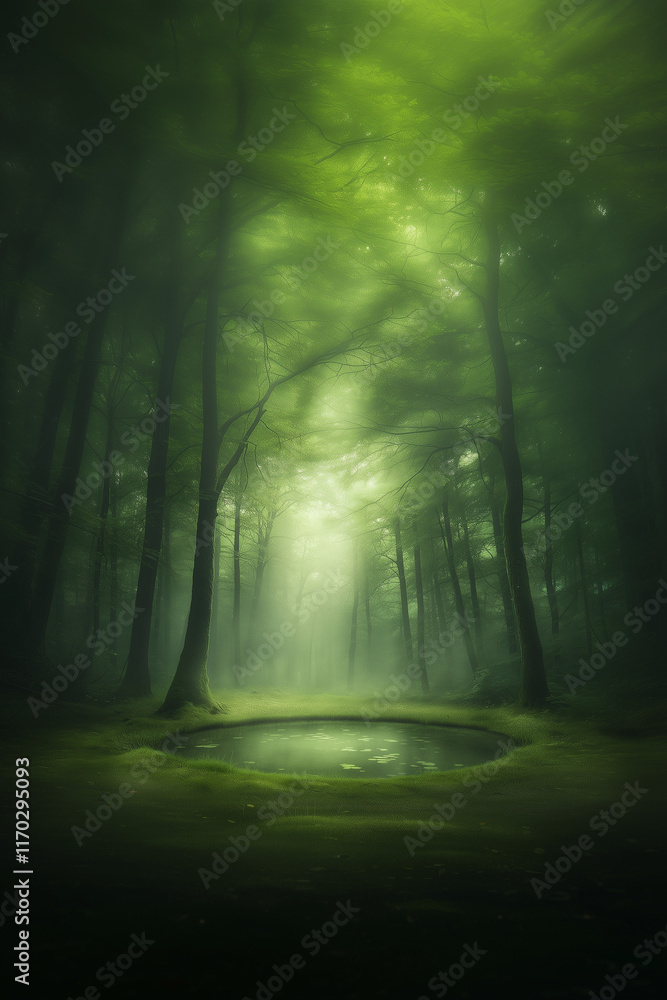 Obraz premium 緑の静寂、小さな池が佇む幻想の森