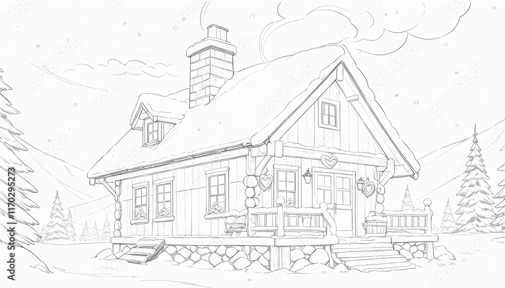 Obraz premium A cozy, snow-covered cabin in a winter landscape.