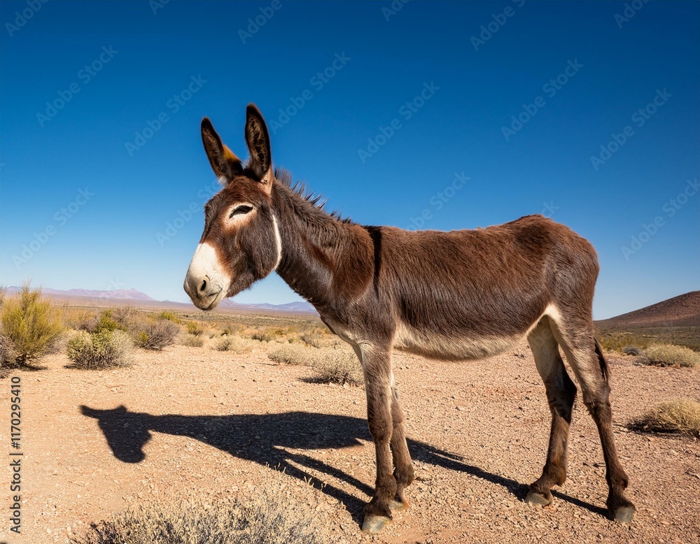 Side on view of a wild donkey in a arid landscape with a clear blue sky behind Side on view of a wild donkey in a arid landscape with a clear blue sky behind