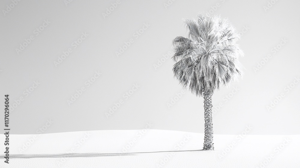 Fototapeta premium Solitary palm tree in minimalist monochrome desert landscape.