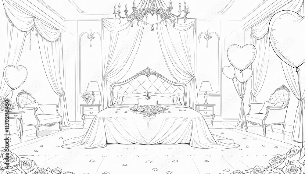 Fototapeta premium Elegant bedroom interior with romantic decor and soft colors.