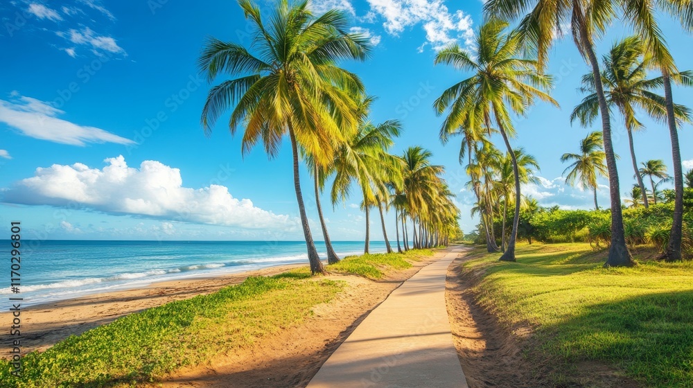 coastal path with lush palm trees and green grass coastal path with lush palm trees and green grass