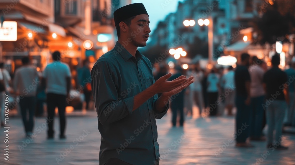 Obraz premium A young man in traditional clothing prays on a busy city street at dusk.