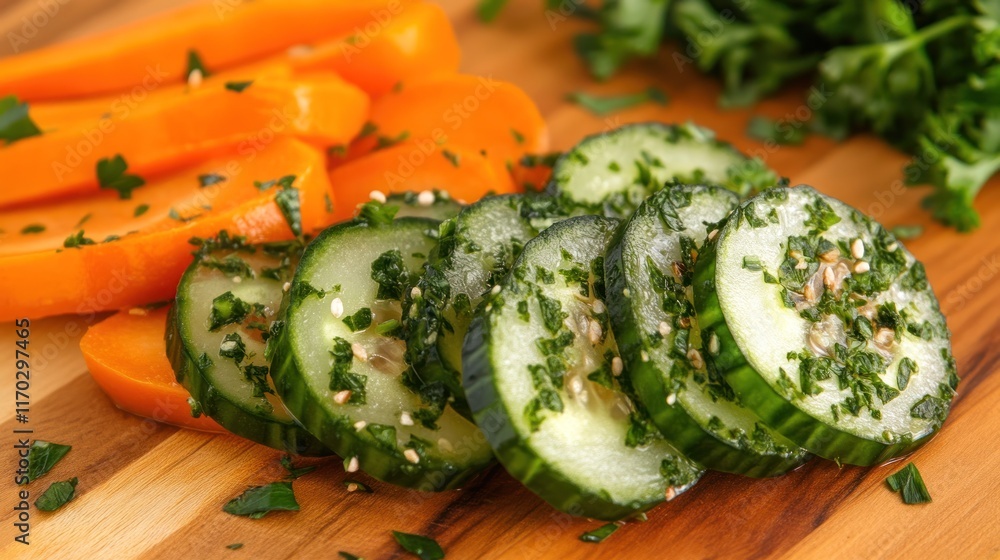 Close-up of sliced cucumbers and carrots seasoned with sesame seeds and parsley on a wooden board. Close-up of sliced cucumbers and carrots seasoned with sesame seeds and parsley on a wooden board.