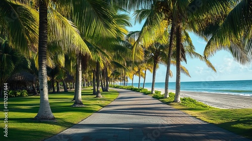 Beautiful walkway with palm trees along the beach