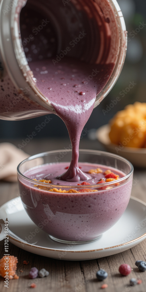 A smoothie being poured into a bowl, topped with colorful ingredients. A smoothie being poured into a bowl, topped with colorful ingredients.