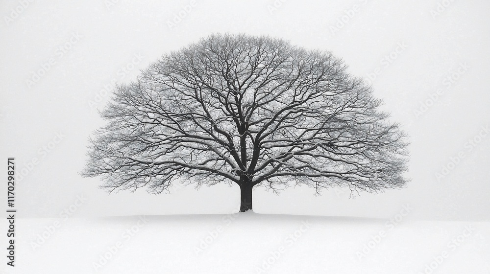 Fototapeta premium Solitary bare tree in snowy field.