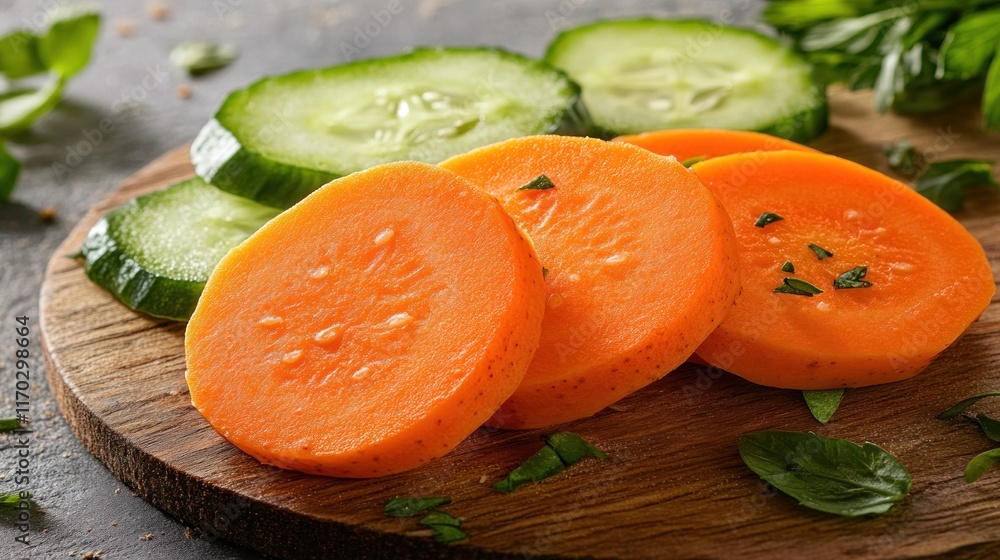 Close-up of sliced carrots and cucumbers on a wooden board. Close-up of sliced carrots and cucumbers on a wooden board.