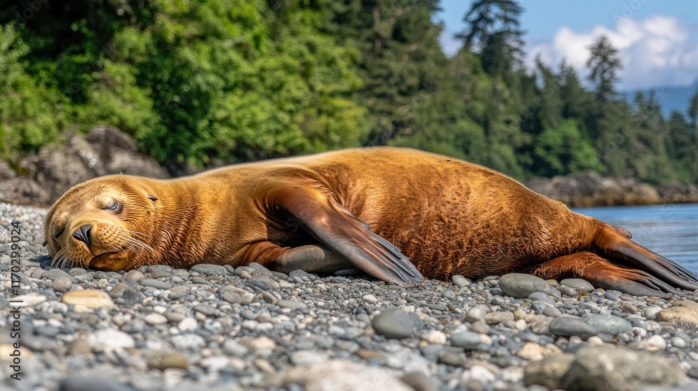 Obraz premium Relaxed sea lion resting on pebble beach near lush green forest.