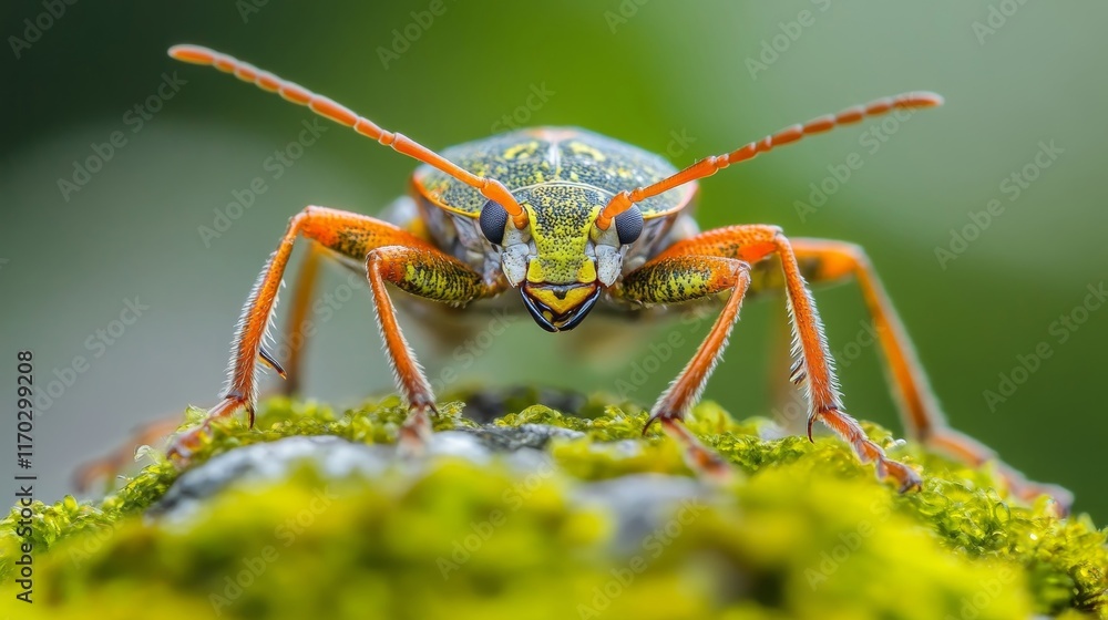 Fototapeta premium Tiny Bug Exploring Mossy Rock - Macro Shot with Sharp Detail and Soft Tones