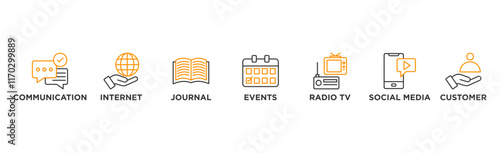 Public relations - pr banner web icon vector illustration concept with icon of communication, internet, journal, events, radio, tv, social media, and customer