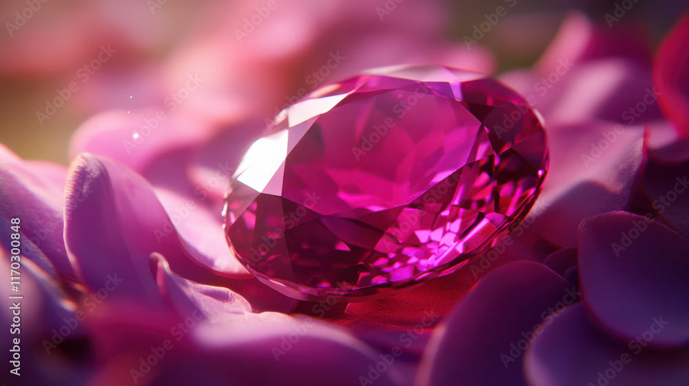 A striking magenta gemstone glowing with deep red accents, surrounded by delicate velvet petals in a soft bokeh effect, exuding elegance and romance. Precise facet detailing with gentle highlights A striking magenta gemstone glowing with deep red accents, surrounded by delicate velvet petals in a soft bokeh effect, exuding elegance and romance. Precise facet detailing with gentle highlights