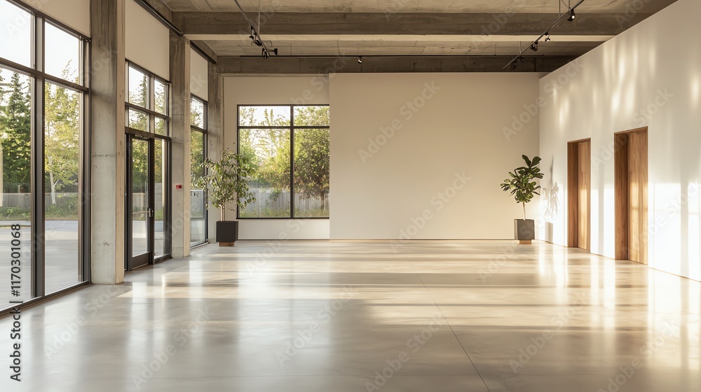 Modern minimalist interior with large windows, natural light, and plants. Ideal for design inspiration. Modern minimalist interior with large windows, natural light, and plants. Ideal for design inspiration.