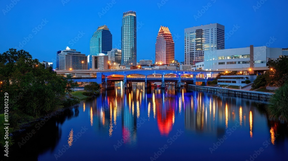 Obraz premium Skyline at Dusk: Cityscape Reflection on Hillsborough River