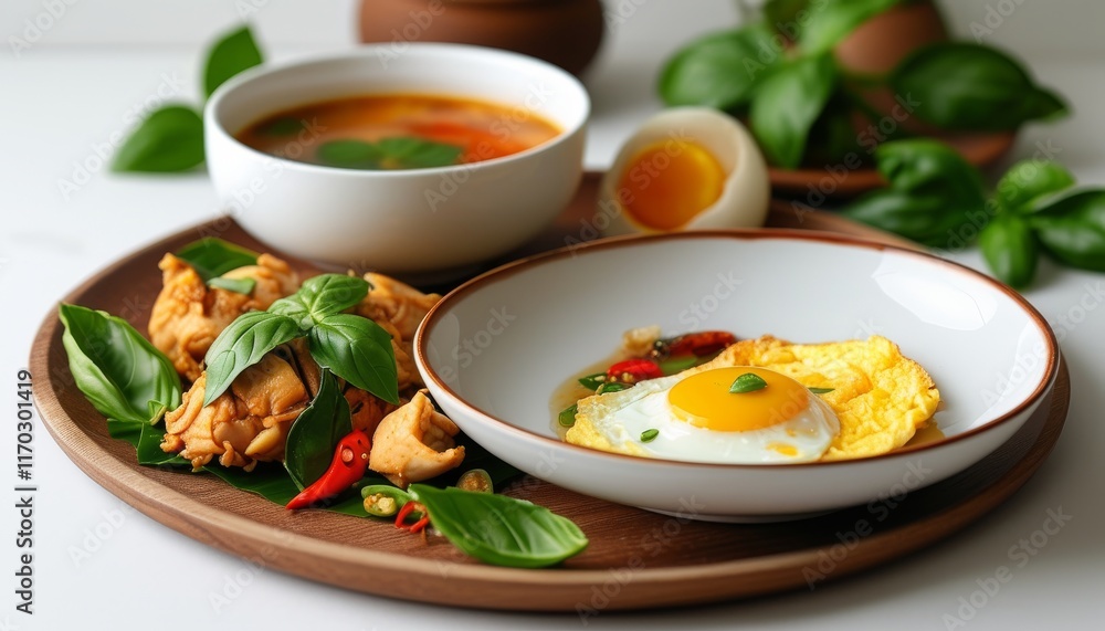 Authentic Thai Dinner with Stir-Fried Chicken, Egg and Fresh Herbs on Wooden Table Authentic Thai Dinner with Stir-Fried Chicken, Egg and Fresh Herbs on Wooden Table