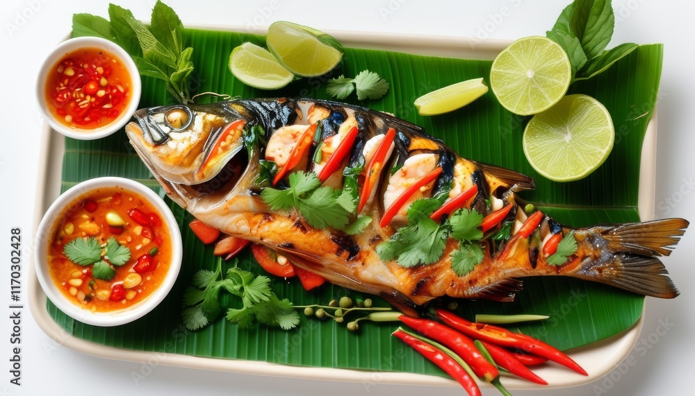Grilled Thai Fish with Fresh Herbs, Lime, and Chili Sauce on a Decorative Platter