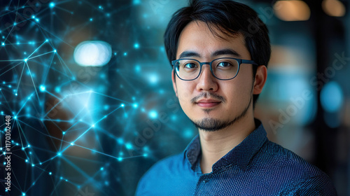 Asian man, data scientist and portrait with overlay, code or innovation in web research. Computer engineering, technology and market analysis for blockchain, metrics or futuristic network in Malaysia