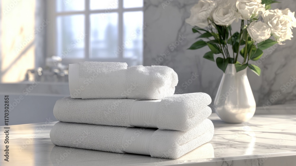 Relaxing spa experience with white towels bathroom setting digital photography peaceful ambiance close-up view Relaxing spa experience with white towels bathroom setting digital photography peaceful ambiance close-up view
