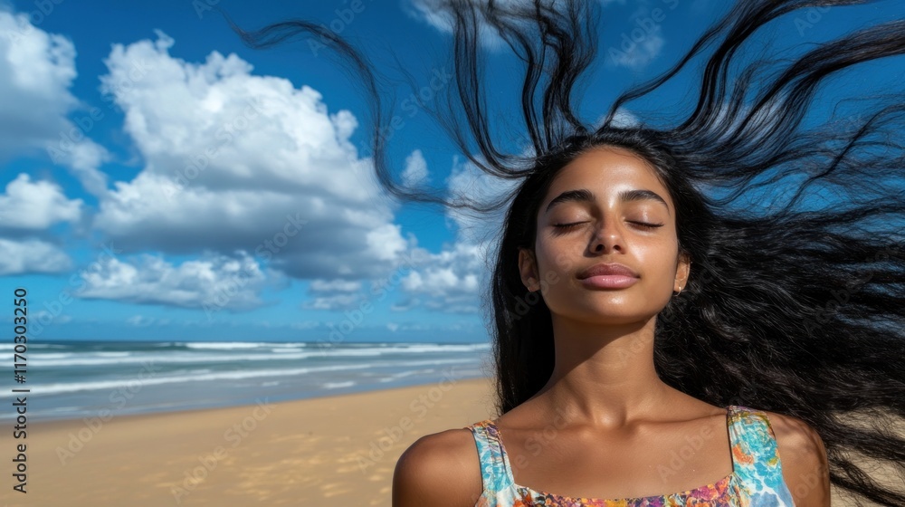Serene Beauty: A Woman's Hair Flowing in the Ocean Breeze Serene Beauty: A Woman's Hair Flowing in the Ocean Breeze
