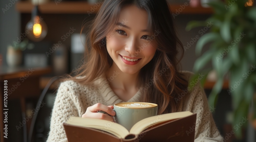 Young Woman Holding Coffee, Drinking And Reading A Book Young Woman Holding Coffee, Drinking And Reading A Book