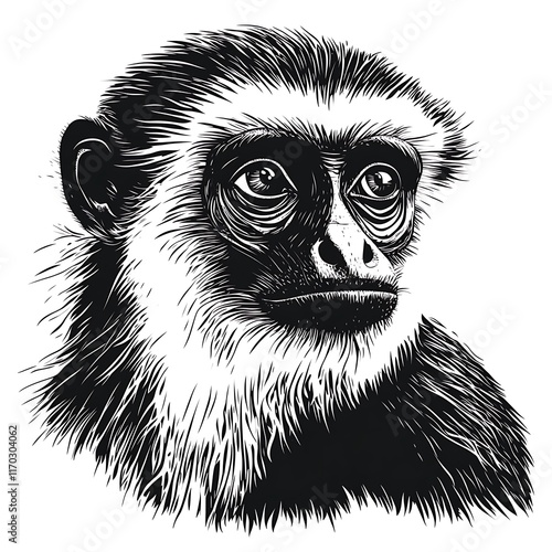 Expressive, detailed, black and white monkey portrait. photo