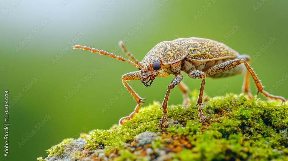 Fototapeta premium Exploration of Miniature Wonders: Macro Bug on Mossy Rock