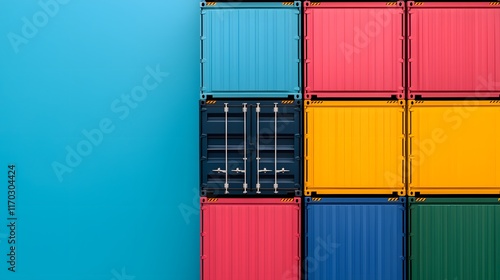 A Vibrant Aerial View of Stacked Shipping Containers Against a Turquoise Background. Logistics Communication and Order processing Concept photo