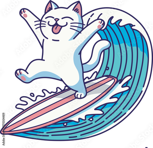 Cute white cat surfing on the big wave cartoon illustration