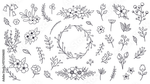 Cute hand-drawn floral wreath and isolated floral items in line art style, perfect for decorating gift cards, prints and crafting projects. A total of 40 isolated items. Vector illustration.