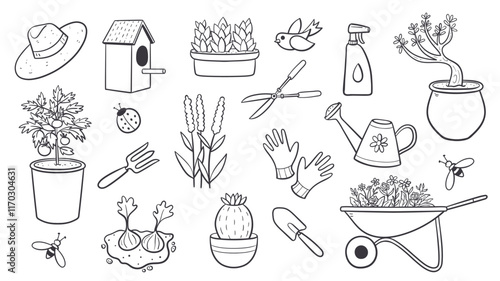 Cute hand-drawn gardening doodle set, perfect for decorationg your crafting projects. A total of 20 isolated items. Vector illustration.