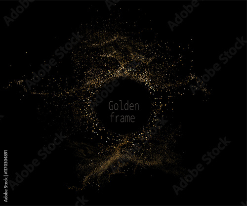 Round isolated frame with golden tinsel mist, design element.